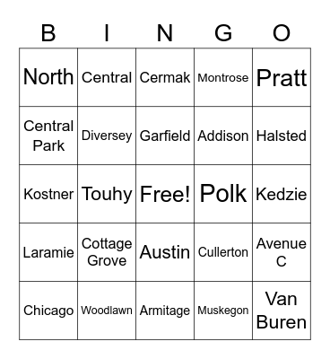 Streets Bingo Card