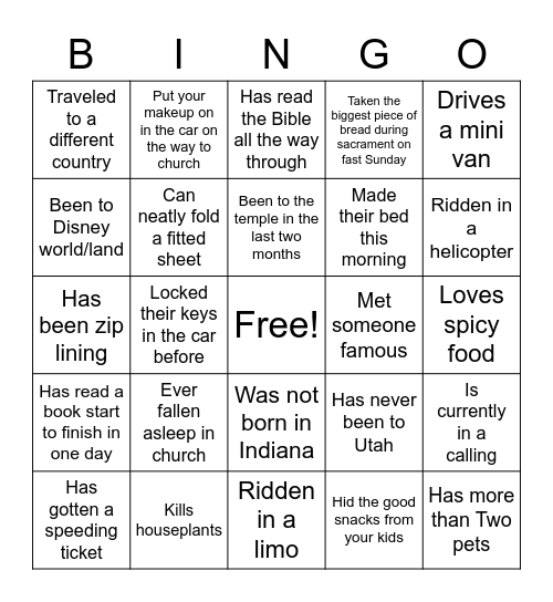 Relief Society Bingo Card