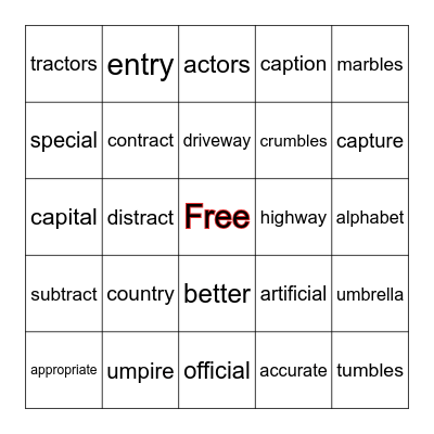 Common Syllables Bingo Card