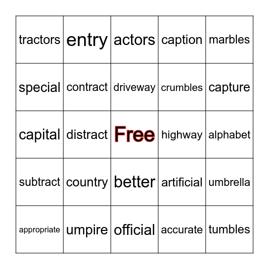 Common Syllables Bingo Card