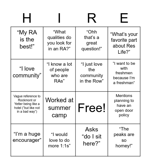 Selection Bingo Card