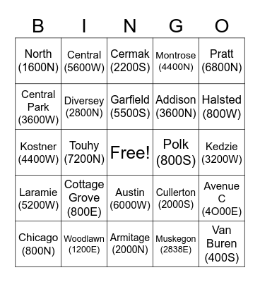 Streets Bingo Card