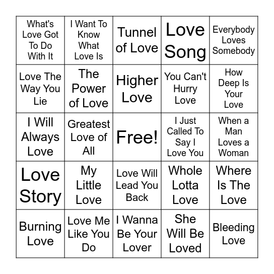Songs With Love in Title Bingo Card
