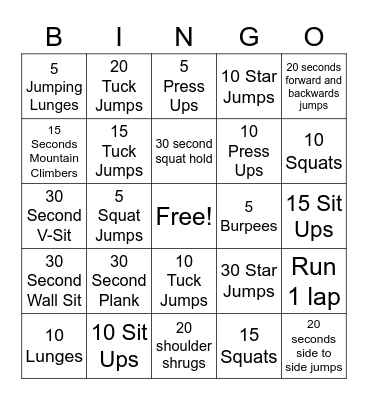 Fitness Bingo Card