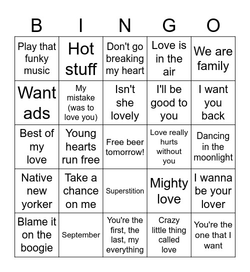 Party 70's Bingo Card