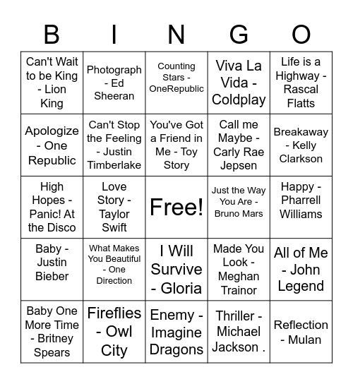 Music Bingo Card