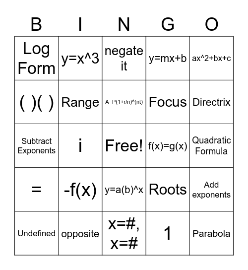 Algebra 2 Vocabulary Bingo Card