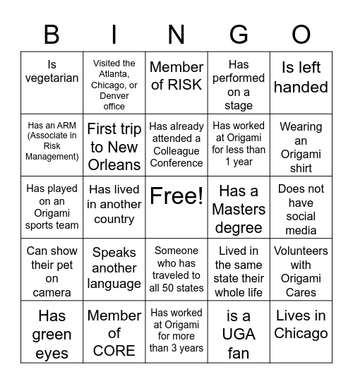 ORIGAMI BINGO: FIND SOMEONE WHO... Bingo Card