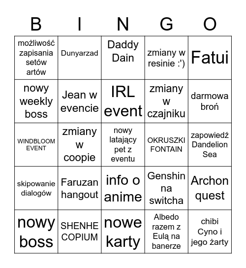 Genshin Livestream 3.5 BINGO! Bingo Card