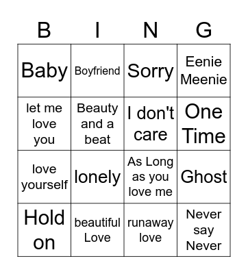 Justin Bieber Bingo Card