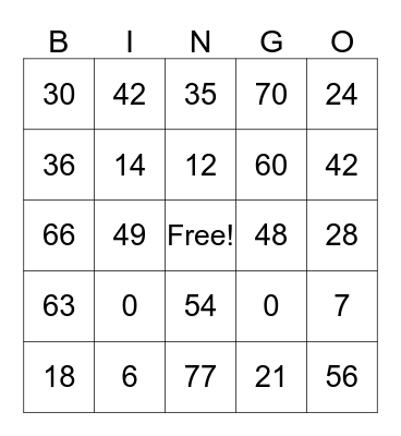 Multiplication of 6's & 7's Bingo Card
