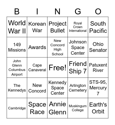 John & Annie Glenn Bingo Card