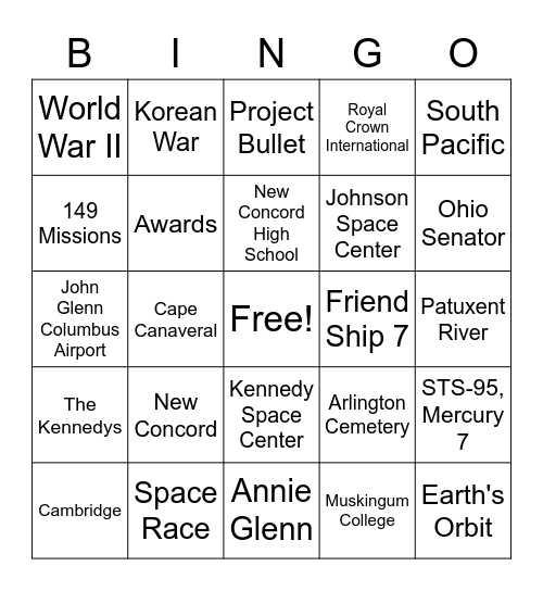 John & Annie Glenn Bingo Card