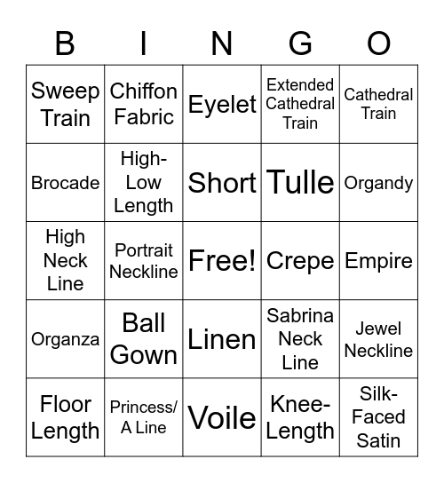 Bridal Lingo Bingo Card