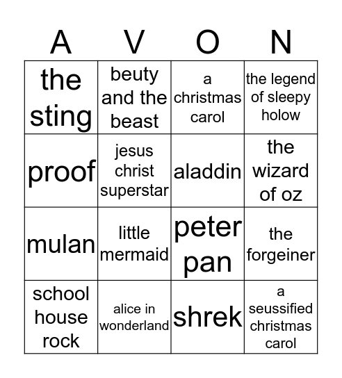 AVON THEATRE  Bingo Card