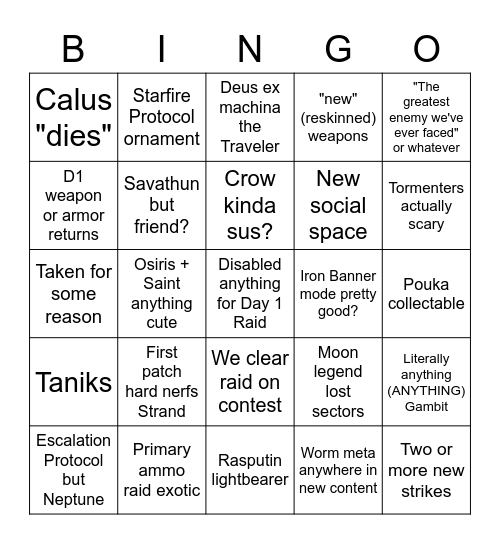 Lightfall Bingo Card