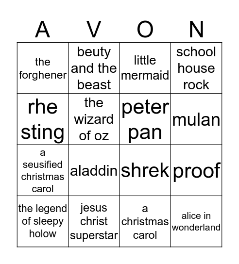 AVON THEATRE Bingo Card