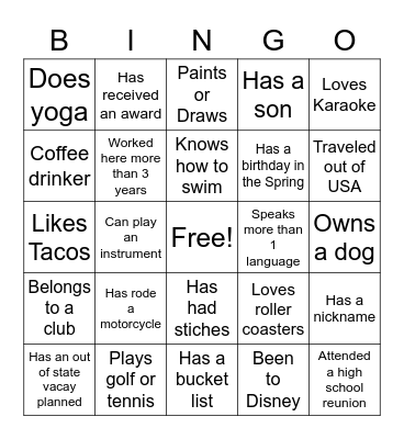 Getting to know you Bingo Card