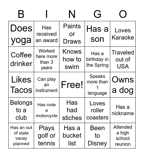 Getting to know you Bingo Card