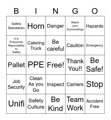 Unifi Safety Bingo Card