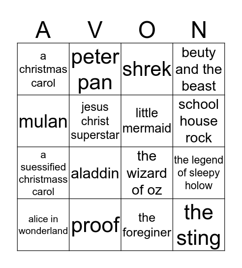 AVON THEATRE Bingo Card