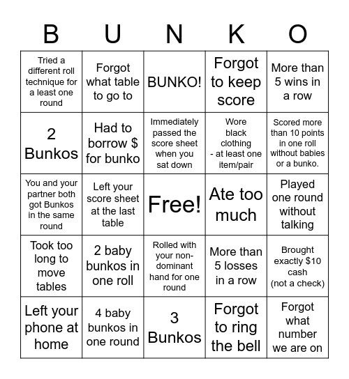 Bunko Bingo Card