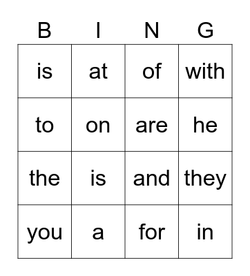 Sight Words Bingo Card