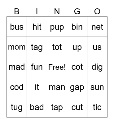 Short Vowel Bingo Card