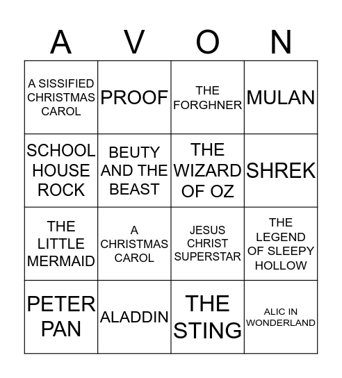 AVON THEATRE Bingo Card