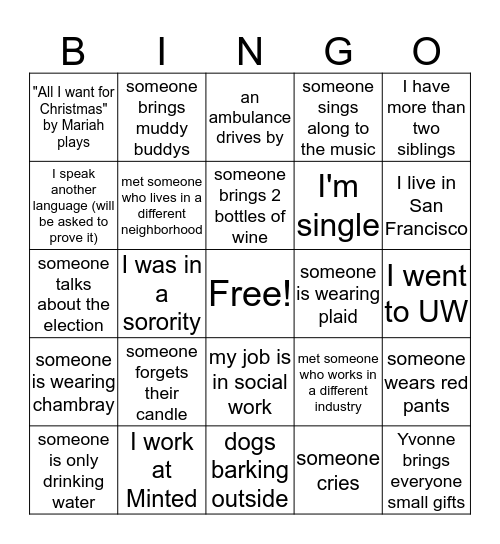 Holiday Exchange Bingo Card