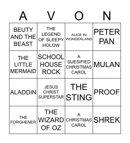 AVON THEATRE Bingo Card