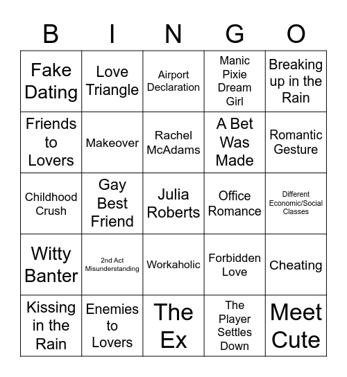 Romance Movie Bingo Card