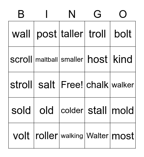 closed syllable exceptions + all, alt, alk Bingo Card