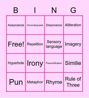 Language features Bingo Card