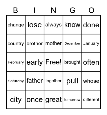 Trick Word BINGO Card
