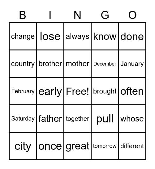 Trick Word BINGO Card