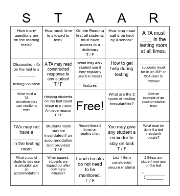 STAAR Training Bingo Card