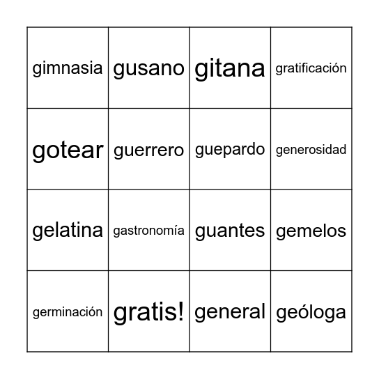 G fuerte y suave Bingo Card