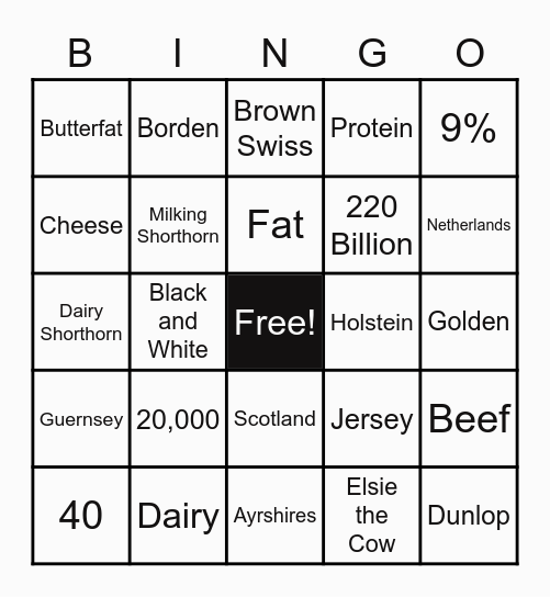 Dairy Breed Bingo Card