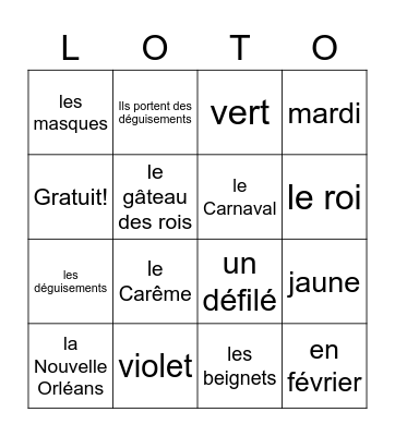 LOTO: Mardi Gras Bingo Card