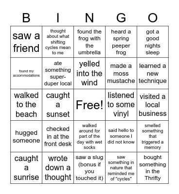 ARTS WEEK 2023: Shifting Cycles Bingo Card