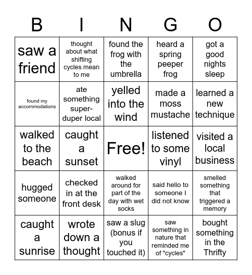 ARTS WEEK 2023: Shifting Cycles Bingo Card