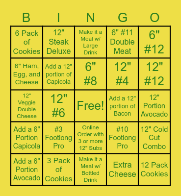 Subway Bingo Card
