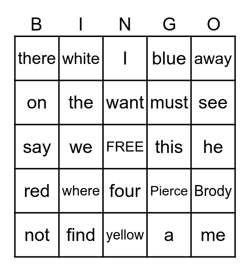 Sight Word Bingo Card
