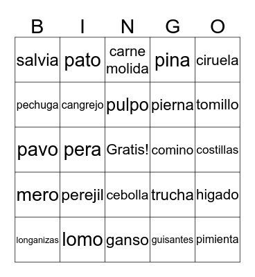 Food Bingo Card