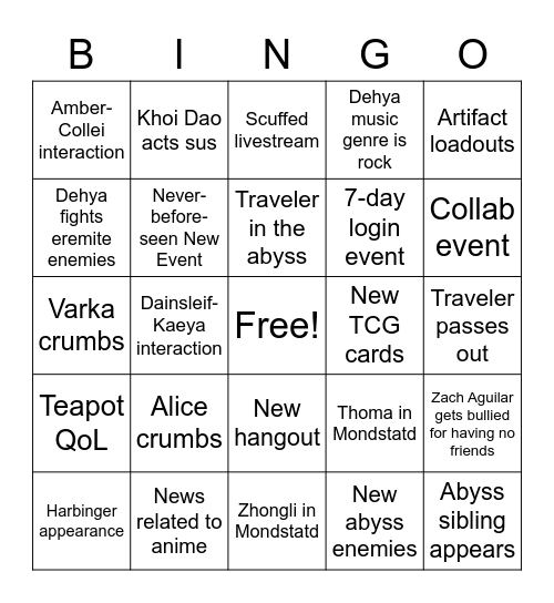 Genshin Impact 3.5 Livestream Bingo Card