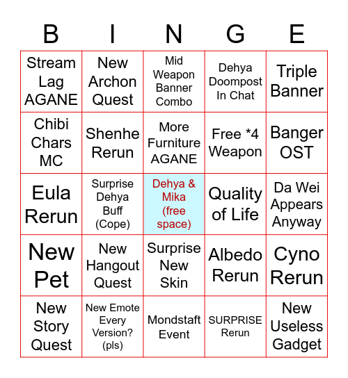 Jenshin 3.5 Livestrim Bingo Card