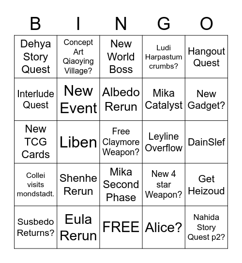 Genshin 3.5 Special Program Bingo Card