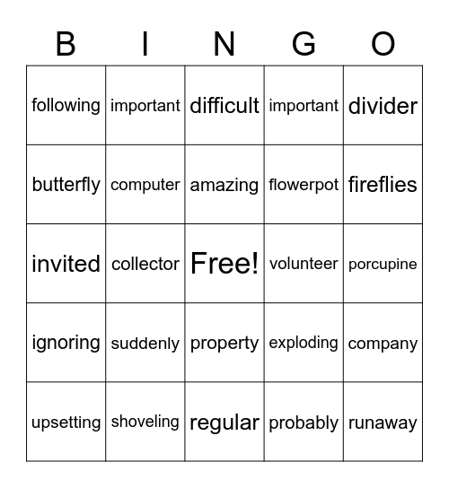 3 Syllable Words Bingo Card