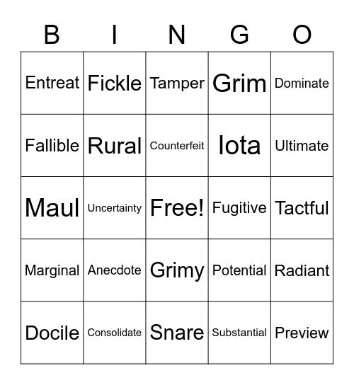Vocabulary Units 5 and 6 Bingo Card